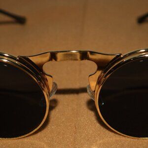 Curved Circular Lens - Metal Steam Punk Black and Gold Flip Up Sunglasses For Me